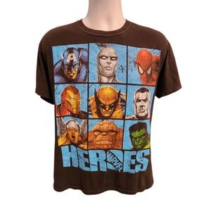 Marvel‎ Heroes Men's T-Shirt Brown Cotton Size Large Graphic Print